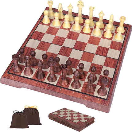 24.5cm Magnetic Chess Board Game, Folding & Portable Storage Design (Brown, 25x25x2cm)