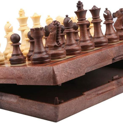 24.5cm Magnetic Chess Board Game, Folding & Portable Storage Design (Brown, 25x25x2cm)