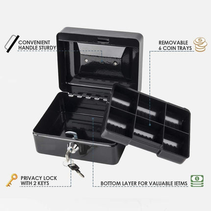 Small Cash Box with Tray and Lock, Durable Portable Money Safe (15x12x7.5cm, Black)