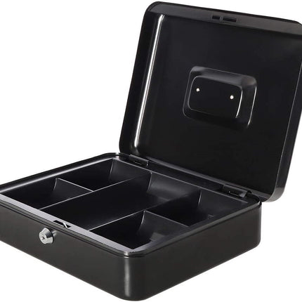 Large Cash Box with Tray and Lock, Durable Portable Money Safe (25x20x9cm, Black)