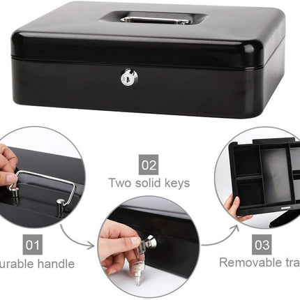 Large Cash Box with Tray and Lock, Durable Portable Money Safe (25x20x9cm, Black)