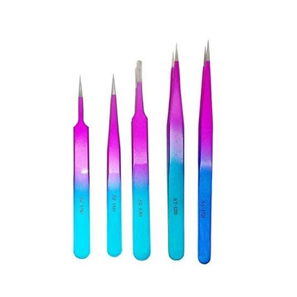 5pc Professional Pointed Tweezers Tool Set, Stainless Steel Industrial Grade, Anti-static, Fine & Curved Tip, Multicolor Painted (Non Magnetic)