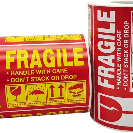 600pc X-Large Fragile Stickers, 2 x Roll (5x3 inch), Handle With Care, Don't Stack or Drop Keep Dry Upward Warning Labels for Safe Shipping Packing