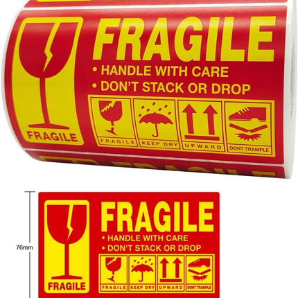 300pc X-Large Fragile Stickers, 1 x Roll (5x3 inch), Handle With Care, Don't Stack or Drop Keep Dry Upward Warning Labels for Safe Shipping Packing