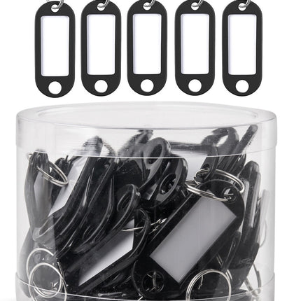 50pc Black Key Tags Plastic Key Rings, Bulk Keychains with Writeable Identification Label