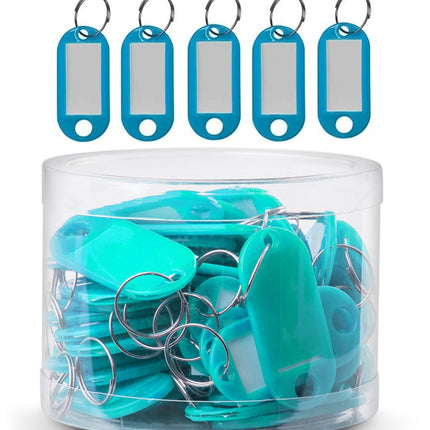 50pc Cyan Key Tags Plastic Key Rings, Bulk Keychains with Writeable Identification Label