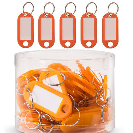 50pc Orange Key Tags Plastic Key Rings, Bulk Keychains with Writeable Identification Label