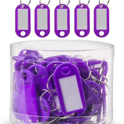 50pc Purple Key Tags Plastic Key Rings, Bulk Keychains with Writeable Identification Label