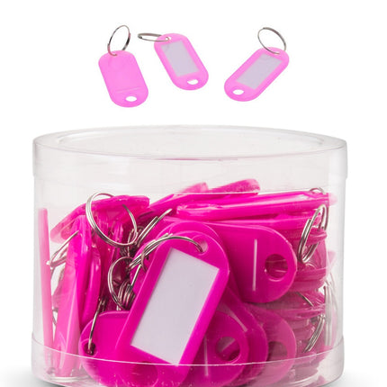 50pc Pink Key Tags Plastic Key Rings, Bulk Keychains with Writeable Identification Label