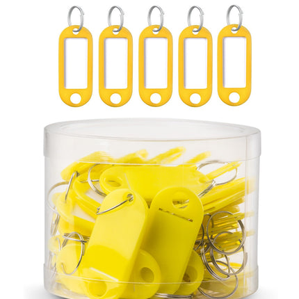 50pc Yellow Key Tags Plastic Key Rings, Bulk Keychains with Writeable Identification Label