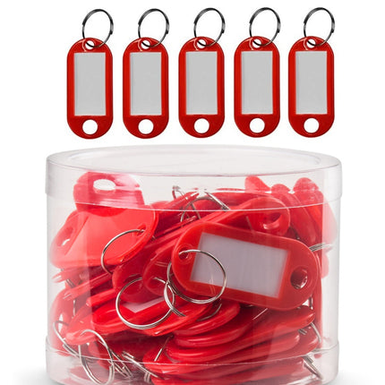 50pc Red Key Tags Plastic Key Rings, Bulk Keychains with Writeable Identification Label