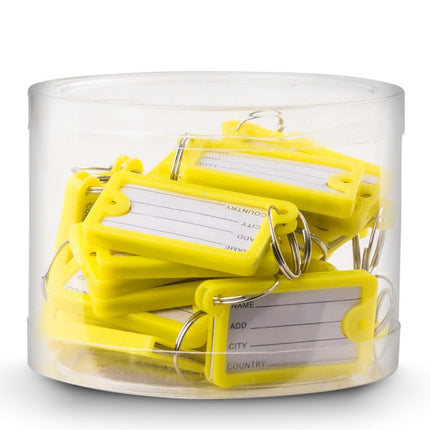 Large 30pc Yellow Key Tags Plastic Key Rings, Bulk Keychains with Writeable Identification Label for Luggage and Hotel