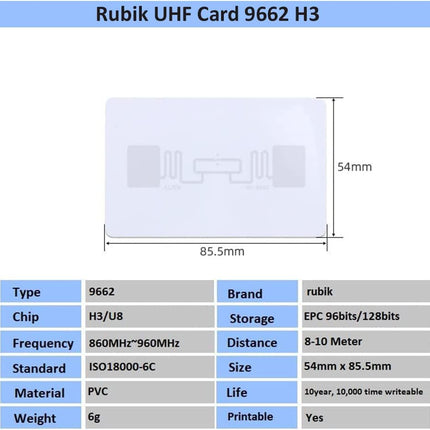 Rubik Writeable UHF RFID Cards 9662-H3 860Mhz-960Mhz Long Range High Frequency EPCglobal Class 1 Gen 2 ISO18000-6C Protocol