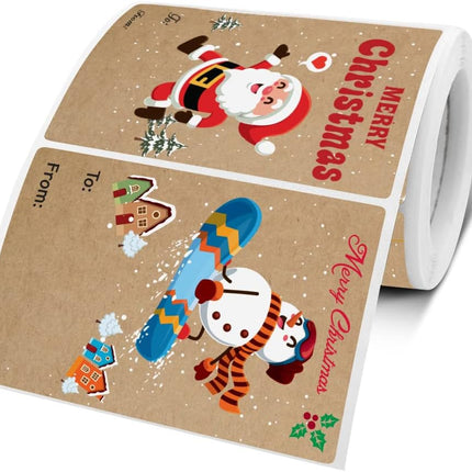 500Pcs Self Adhesive Merry Christmas Gift Stickers To and From Place, 6 Cute Patterns Kraft Paper Labels for Gift Wrapping Packaging