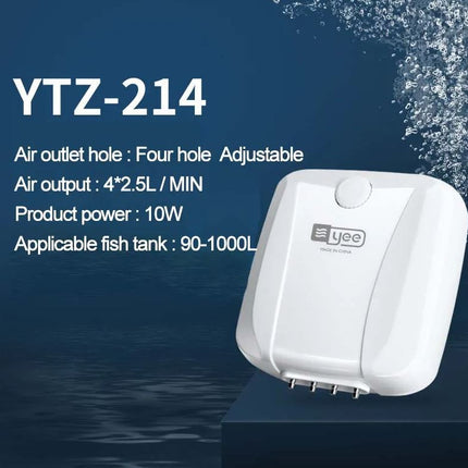 YEE Ultra Silent Aquarium Air Pump, Four Way Outlet, 10W, 4x2.5L/Min, Suitable for Fish Tank 90-1000L 220V (YTZ-214)