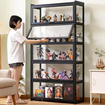Rubik Display Showcase Cabinet, All Sides Transparent Acrylic, Pull-up Window Doors (Black), Organize and Showcase Your Treasures in Style