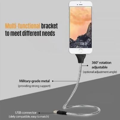 Flexible Metal Lightning Cable for iPhone, Bendable Standing Coil Brace Cable Stand Snake Bracket