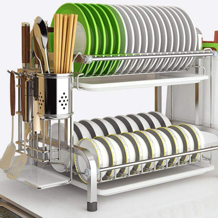 2 Layer Kitchen Dish Drying Rack Stainless Steel Dishes Storage Organizer Stand with Drainer Tray