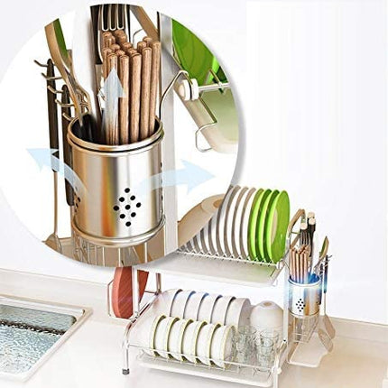 2 Layer Kitchen Dish Drying Rack Stainless Steel Dishes Storage Organizer Stand with Drainer Tray
