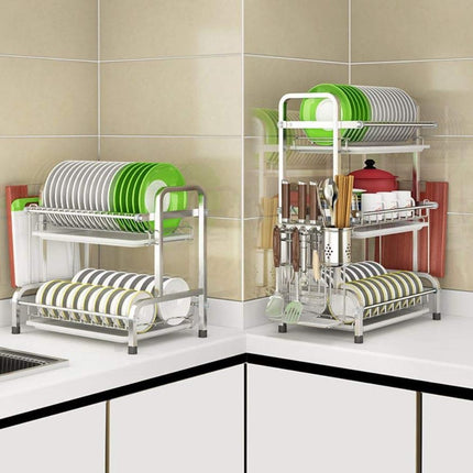 3 Layer Kitchen Dish Drying Rack Stainless Steel Dishes Storage Organizer Stand with Drainer Tray