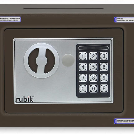 Rubik Mini Cash Deposit Drop Slot Electronic Digital Safe Box with Key and Pin Code (17x23x17cm) Brown