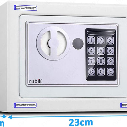 Rubik Mini Cash Deposit Drop Slot Electronic Digital Safe Box with Key and Pin Code (17x23x17cm) Off White