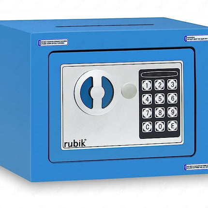 Rubik Mini Cash Deposit Drop Slot Electronic Digital Safe Box with Key and Pin Code (17x23x17cm) Blue