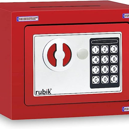 Rubik Mini Cash Deposit Drop Slot Electronic Digital Safe Box with Key and Pin Code (17x23x17cm) Red
