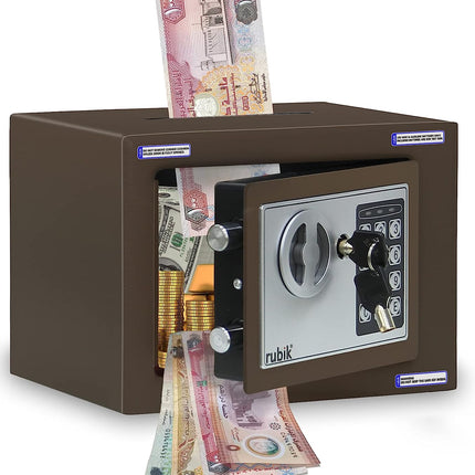 Rubik Mini Cash Deposit Drop Slot Electronic Digital Safe Box with Key and Pin Code (17x23x17cm) Brown