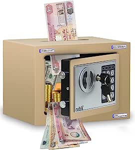 Rubik Mini Cash Deposit Drop Slot Electronic Digital Safe Box with Key and Pin Code (17x23x17cm) Beige