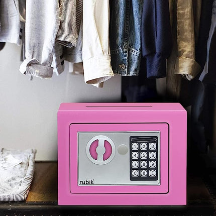Rubik Mini Cash Deposit Drop Slot Electronic Digital Safe Box with Key and Pin Code (17x23x17cm) Pink