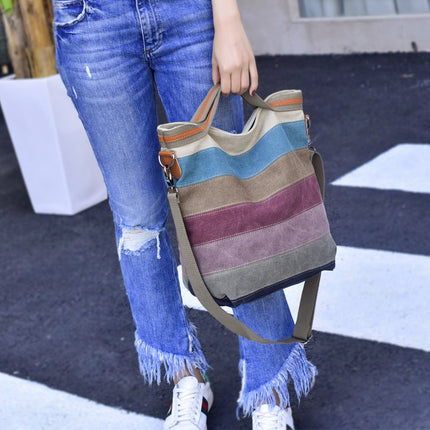 Cross Body Shoulder Oasis Tote Purse Bag, Multi-Color Striped Canvas Tote Handbag for Women Work Travel Daily Shopping