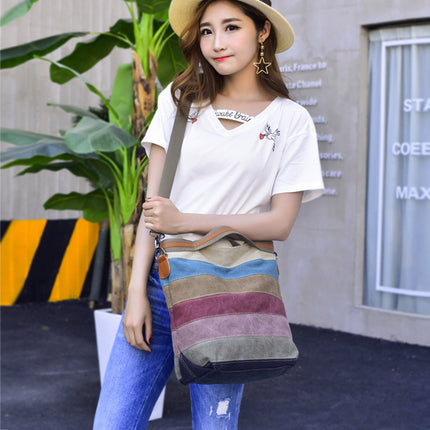 Cross Body Shoulder Oasis Tote Purse Bag, Multi-Color Striped Canvas Tote Handbag for Women Work Travel Daily Shopping