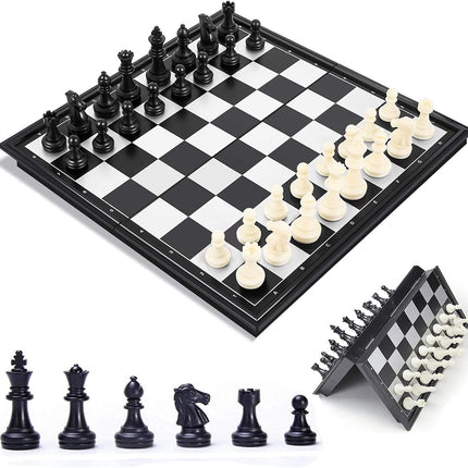 25cm Magnetic Chess Board Game, Folding & Portable Storage Design (Black/White, 25x25x2cm)
