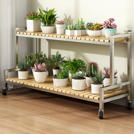 Plant Stand Bench with Wheels, 2 Layer Stainless Steel Structure with Solid Wood & Wheels (2 Tier, Size: 120*40*64)