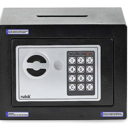 Rubik Mini Cash Deposit Drop Slot Electronic Digital Safe Box with Key and Pin Code (17x23x17cm) Black
