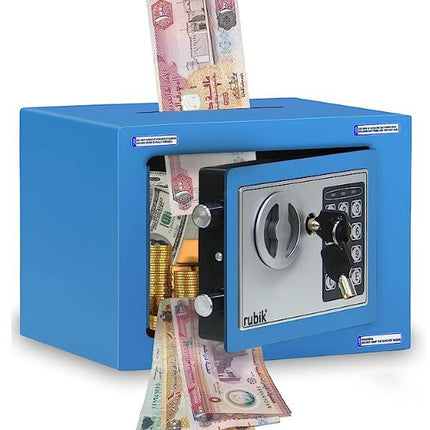 Rubik Mini Cash Deposit Drop Slot Electronic Digital Safe Box with Key and Pin Code (17x23x17cm) Blue