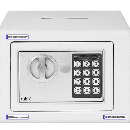 Rubik Mini Cash Deposit Drop Slot Electronic Digital Safe Box with Key and Pin Code (17x23x17cm) White