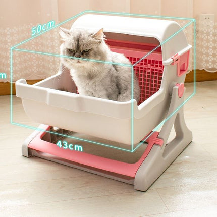 Semi Automatic Cat Litter Box, Quick Cleaning Odor Free Toilet For Adult Cats - White/Beige