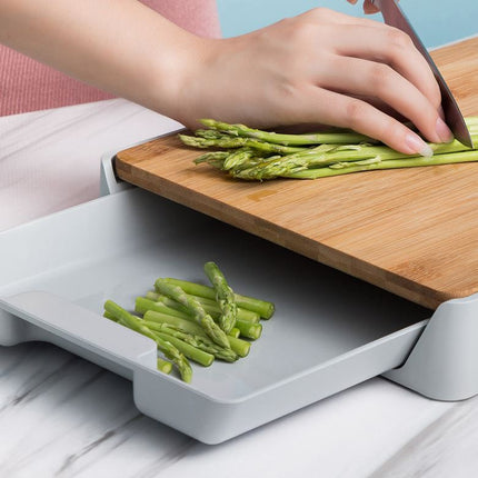 Wooden Cutting Chopping Board with Plastic Storage Drawer Tray For Kitchen