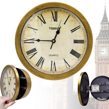 Wall Clock with Hidden Compartment, 10 Inch Round Quartz Clock Retro/Vintage Quiet Clock With Secret Compartment Stash Shelf