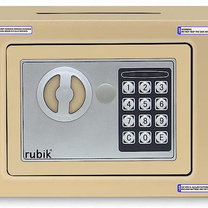 Rubik Mini Cash Deposit Drop Slot Electronic Digital Safe Box with Key and Pin Code (17x23x17cm) Beige