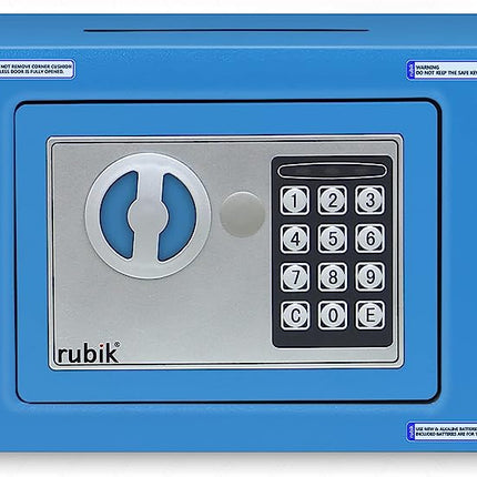 Rubik Mini Cash Deposit Drop Slot Electronic Digital Safe Box with Key and Pin Code (17x23x17cm) Blue