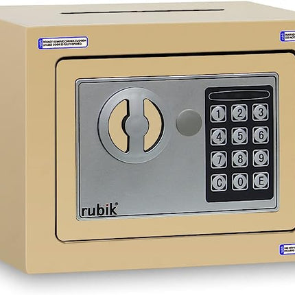 Rubik Mini Cash Deposit Drop Slot Electronic Digital Safe Box with Key and Pin Code (17x23x17cm) Beige