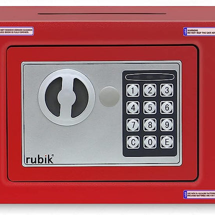 Rubik Mini Cash Deposit Drop Slot Electronic Digital Safe Box with Key and Pin Code (17x23x17cm) Red