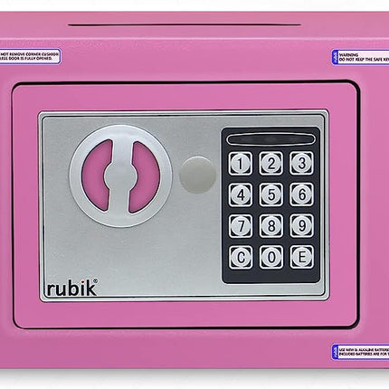 Rubik Mini Cash Deposit Drop Slot Electronic Digital Safe Box with Key and Pin Code (17x23x17cm) Pink