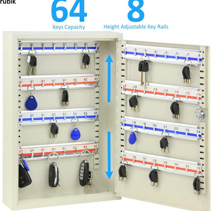 64 Key's Storage Cabinet Organizer with Key Lock, Solid Metal, Boxed Design, Wall Mounted Safe Box (‎KC64, 64 bits Key's Capacity)