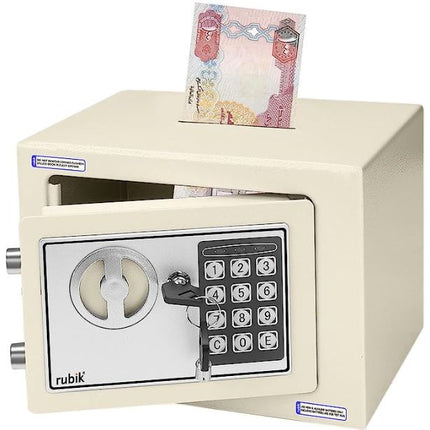 Rubik Mini Cash Deposit Drop Slot Electronic Digital Safe Box with Key and Pin Code (17x23x17cm) Off White