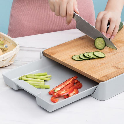 Wooden Cutting Chopping Board with Plastic Storage Drawer Tray For Kitchen